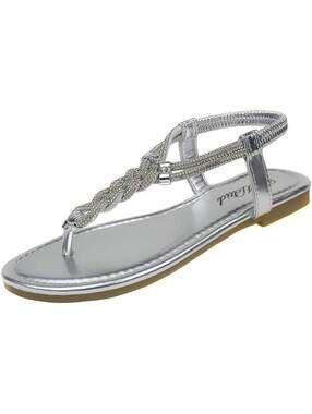 Silver Rhinestone T-Strap Flat Sandals Size 7